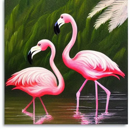 Image similar to cute flamingos with furry feathers in lake with palm trees detailed oil painting