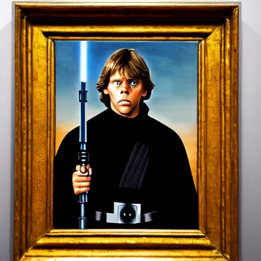 Prompt: a portrait painting of luke skywalker from star wars in a renaissance style hanging in the louvre