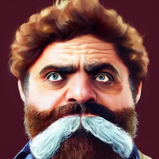 Image similar to mix between sacha baron cohen and zach galifianakis | | cool - male - face, manly face, fine details by stanley artgerm lau, wlop, rossdraws, james jean, andrei riabovitchev, marc simonetti, and sakimichan, trending on artstation