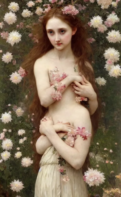 Image similar to a realistic oil painting of a girl resembling lily cole, covered in tons of flowers, highly detailed, intricate, detailed background, fairytale, artstation, by mucha, by william adolphe bouguereau, by waterhouse