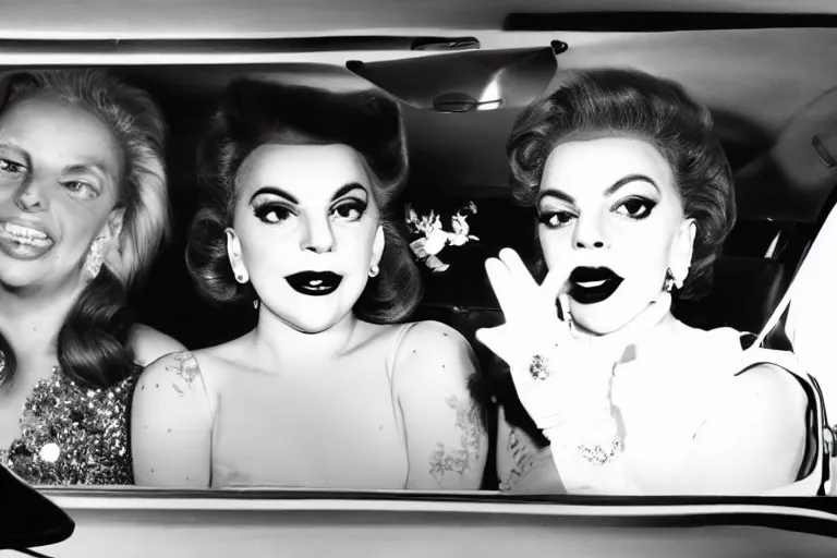 Image similar to lady gaga and judy garland doing carpool karaoke, lady gaga and judy garland, carpool karaoke, lady gaga, judy garland, carpool karaoke, youtube video screenshot, the late late show with james cordon