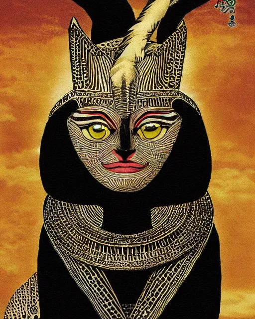 Image similar to sphinx black cat wearing egyptian clothes, artwork by kentaro miura, pharaoh cat, kentaro miura art