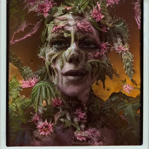 Image similar to a beautiful detailed front view portrait of a rotten woman corpse with fractal plants and fractal flowers growing around, volumetric light, beautiful lit, polaroid photography