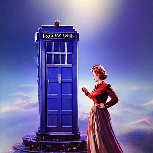 Image similar to Concept art of Queen Elizabeth II stepping out of the tardis, mysterious, ultrarealistic, cinematic lighting, 4k, wide angle, Bruce Pennington