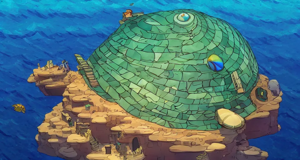 Prompt: giant abalone - shaped seashell house in the ocean by roger deakins, bill sienckiwicz, in the style of zelda windwaker, triadic color scheme, cell shading, 3 d