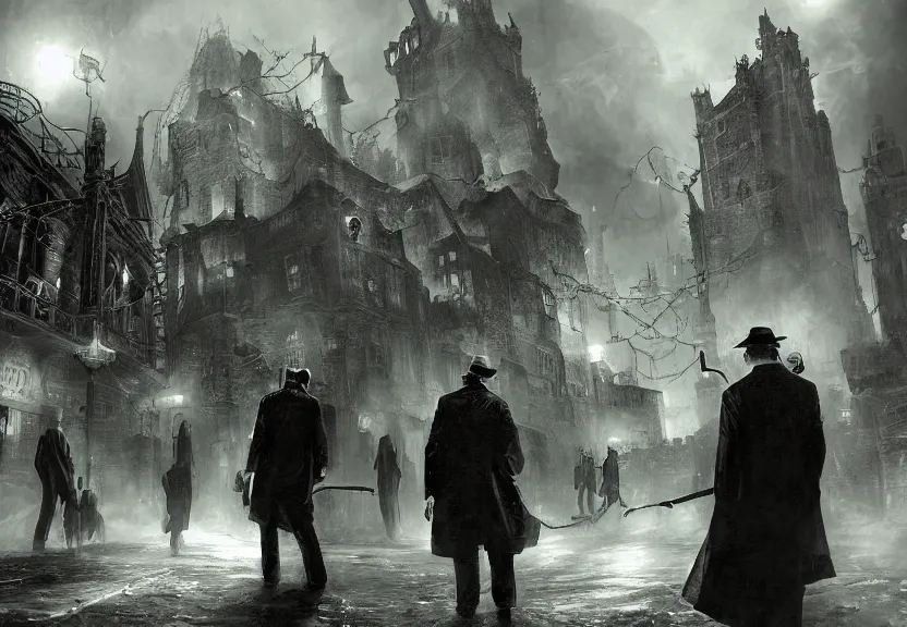 Prompt: painting of the figures of three investigators in a lovecraftian arkham city scenery, 1 9 2 0 cars, high contrast, concept art, dramatic lighting, digital art, 8 k, arkham city, call of cthulhu, extremely detailed, drawn by ruan jia