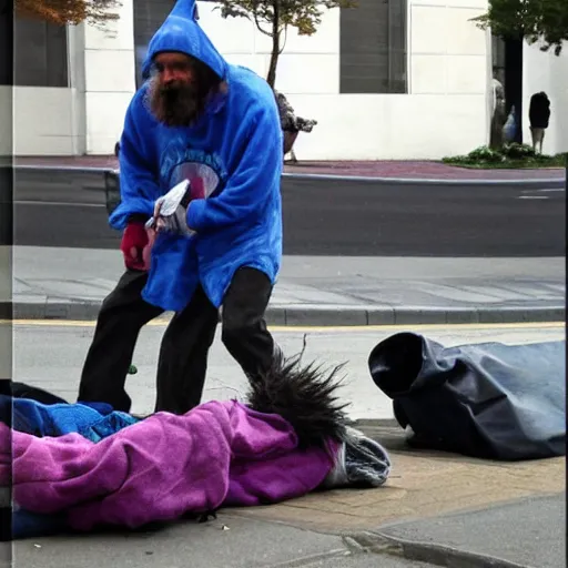 Image similar to homeless man fighting barney