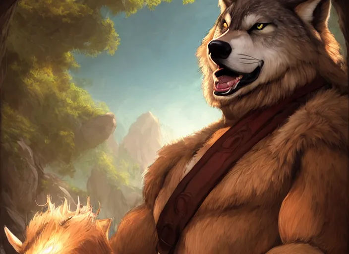 Image similar to burly character portrait feature of the anthro male anthropomorphic wolf fursona animal person wearing tribal primitive caveman outfit belt standing in the entrance to the cave, center framed character design stylized by charlie bowater, ross tran, artgerm, makoto shinkai, detailed, soft lighting, rendered in octane