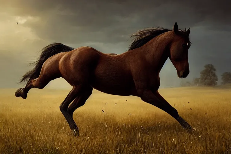 Image similar to a stunning horse, right anatomy, 4 legs, running through a meadow by greg rutkowski, high key lighting, volumetric light, digital art, highly detailed, fine detail, intricate, ornate, complex, octane render, unreal engine, photorealistic