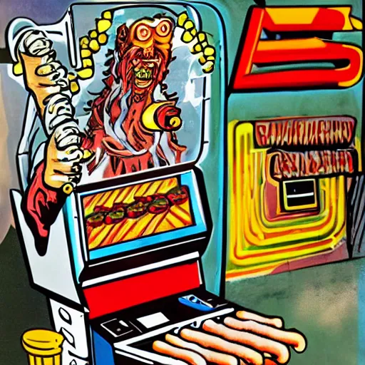 Image similar to pinball machine marquee artwork, an evil space wizard holding a tray of hot dogs over a trashcan in a threatening way, inside a 1 9 8 0's italian mansion