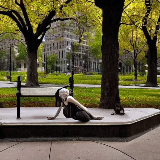Image similar to by jimmy ernst mild ionic architecture. a body art of a blind woman sitting on a bench in a park in new york city