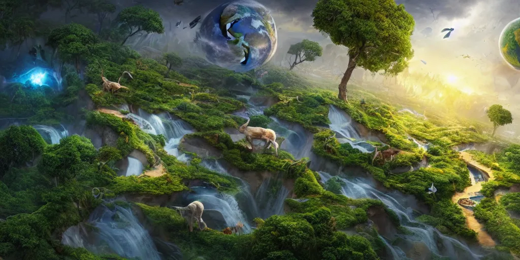 Image similar to earth reviving after human extinction, a new beginning, nature taking over buildings, animal kingdom, harmony, peace, earth balanced, wide angle, super highly detailed, professional digital painting, artstation, concept art, smooth, sharp focus, no blur, no dof, extreme illustration, Unreal Engine 5, Photorealism, HD quality, 8k resolution, cinema 4d, 3D, beautiful, cinematic, art by artgerm and greg rutkowski and alphonse mucha and loish and WLOP