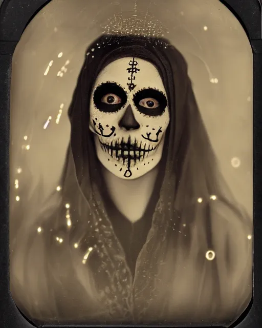 Image similar to tintype virgin mary dressed in dia de muertos makeup high quality photo, microchip, artificial intelligence, bio - mechanical bio - luminescence, black wired cables, neurons, nerve cells, cinematic, rim light, photo - realistic, high detail, 8 k, masterpiece, high fashion, in the style of steven meisel dora maar h. g. giger