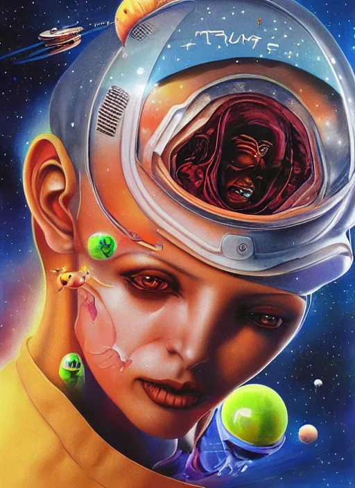 Prompt: first human encounter with aliens in space, by Afarin Sajedi, Alessandro Barbucci, Alex Gross, Shin Jeongho, Shohei Otomo. trending on Artstation, 8k, masterpiece, face enhance, graffiti paint, fine detail, full of color, intricate detail, golden ratio illustration