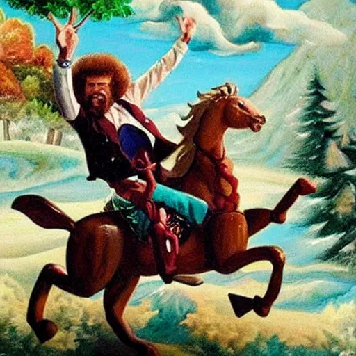 Image similar to bob ross riding a rocking horse on acid