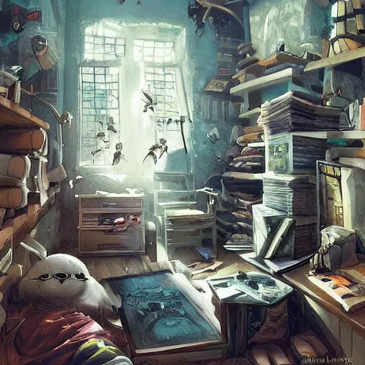 Prompt: detailed room in the sewer lair The room is a clean and delicate room ,over the bed there is a sword rack ,everything is neat ,stack of comics on the floor,soft,light,bright,epic,awesome,digital art, by Rossdraws and Greg rutkowski , digital art