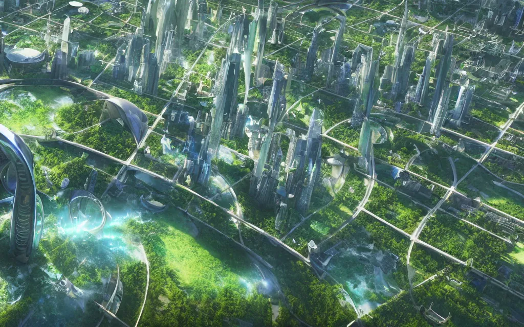 Image similar to a breathtaking view of a solarpunk city, green meadows and rivers, futuristic architecture, hyperrealism, octopath traveler, octane render, misty, highly rendered, global illumination, radiant light, by vincent callebaut and chris hytha