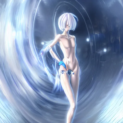 Image similar to Rei Ayanami female anime character, technological big shiny silver liquid chrome rings, inside an otherworldly planet, closed eyes, long silky thick gorgeous clean hair flowing on the wind, female goddess born from the cosmics, alternate universe, shot from the ground by Yoshiyuki Sadamoto, otherworldly experimental environment concept, digital art, trending on artstation, low level, 4K UHD image, octane render, Howl's Moving Castle, tranquil divine observer Nymph by ismail inceoglu nicola samori dragan bibin hans thoma greg rutkowski Alexandros Pyromallis Nekro, Jeffrey Smith, Surrealism, Rene Margitte illustrated, official anime key media, 8k, Sharp, zdzisław beksiński, highly detailed