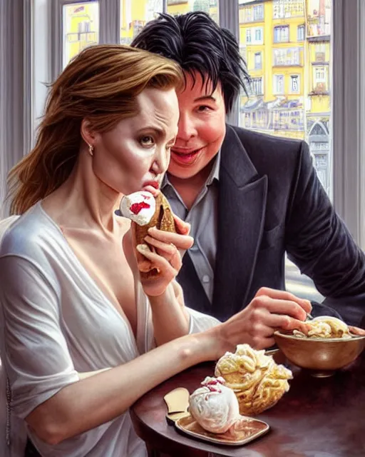 Image similar to Portrait of Michael Mcintyre & blonde Angelina Jolie eating ice creams in Porto,real life skin, intricate, elegant, highly detailed, artstation, concept art, smooth, sharp focus, art by artgerm and greg rutkowski and alphonse mucha