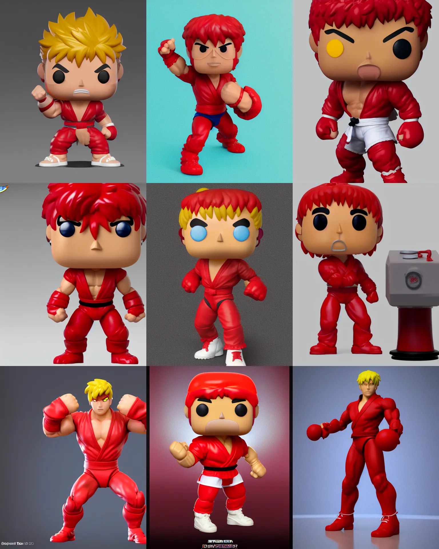 Prompt: full body 3 d render of streetfighter ken as a funko pop!, red costume, studio lighting, white background, single body, no shadow, blender, trending on artstation, 8 k, highly detailed