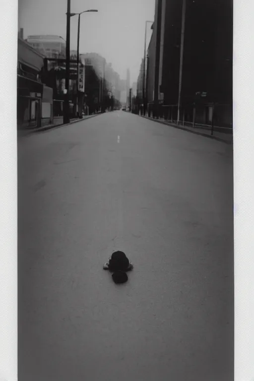 Image similar to polaroid photo of sad and lonely child in the middle of an empty street in a big city, wet collodion technique, photorealistic, 35mm film, lens 85mm, f2.8, black and white, polaroid, view camera.