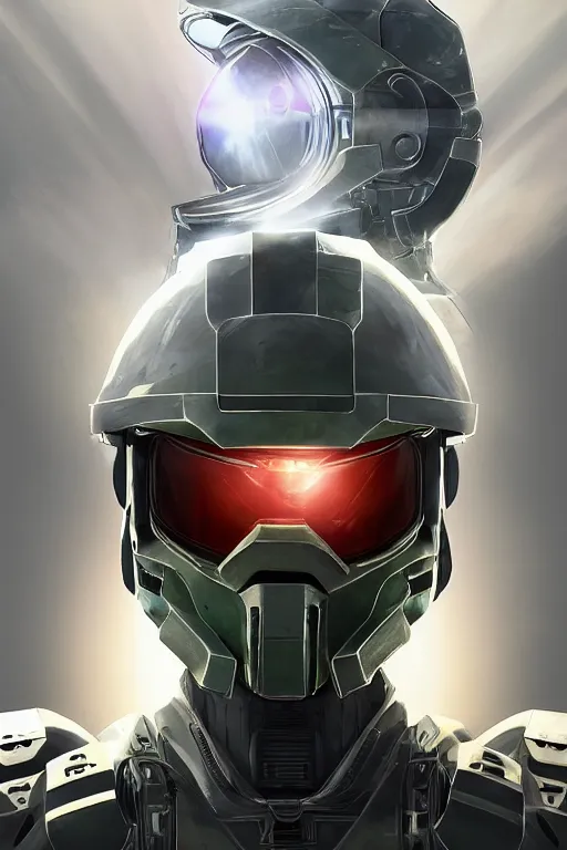 Image similar to robot ninja mask helmet halo master chief radiating a glowing aura global illumination ray tracing hdr fanart arstation by ian pesty and katarzyna da „ bek - chmiel