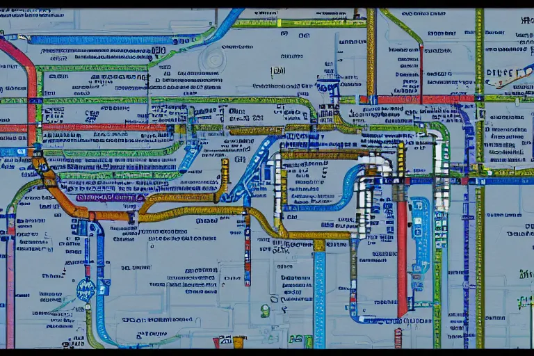 Prompt: dc metro map themed linux desktop environment, linux mint, computer wallpaper, in 1 9 9 5, y 2 k cybercore, industrial photography, still from a ridley scott movie