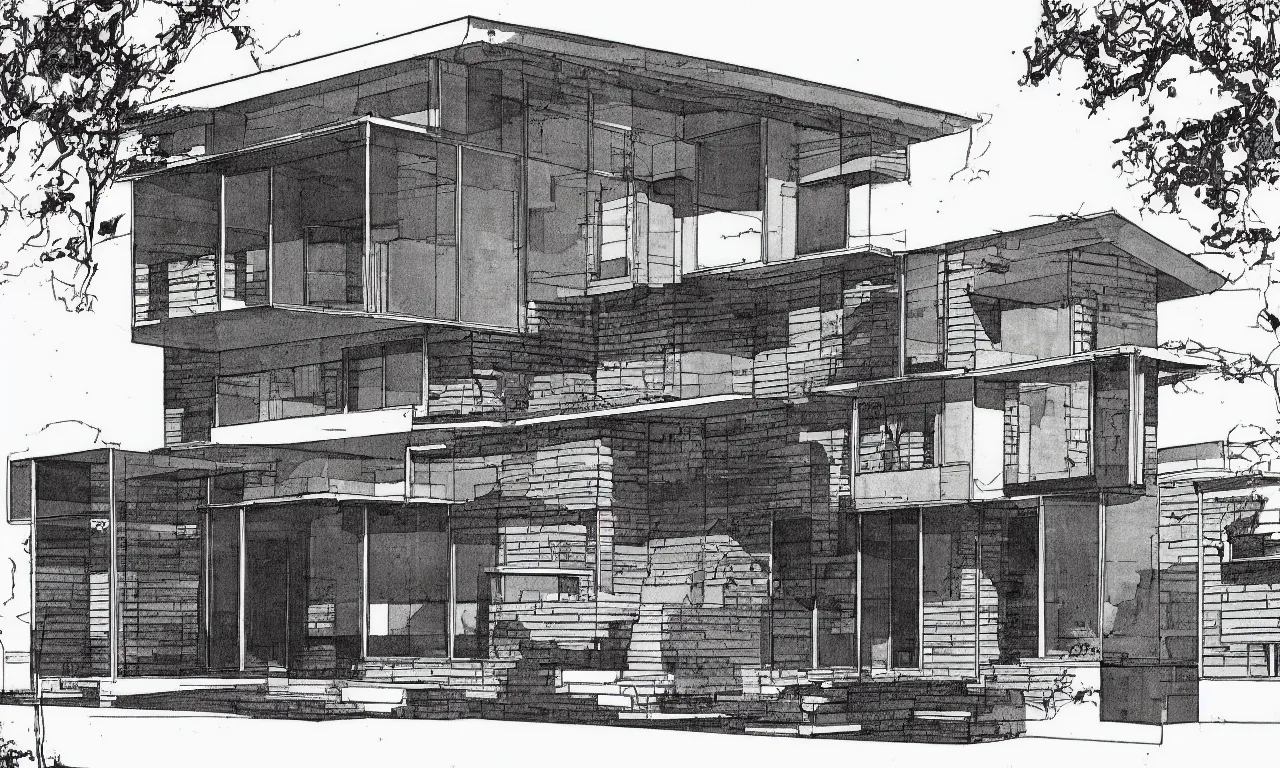 Prompt: detailed blueprint for a 3bd 2ba house, 1959, architectural plan