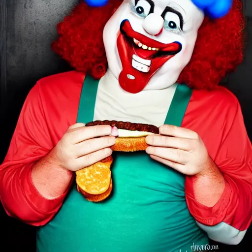 Image similar to evil fat clown eating hamburger