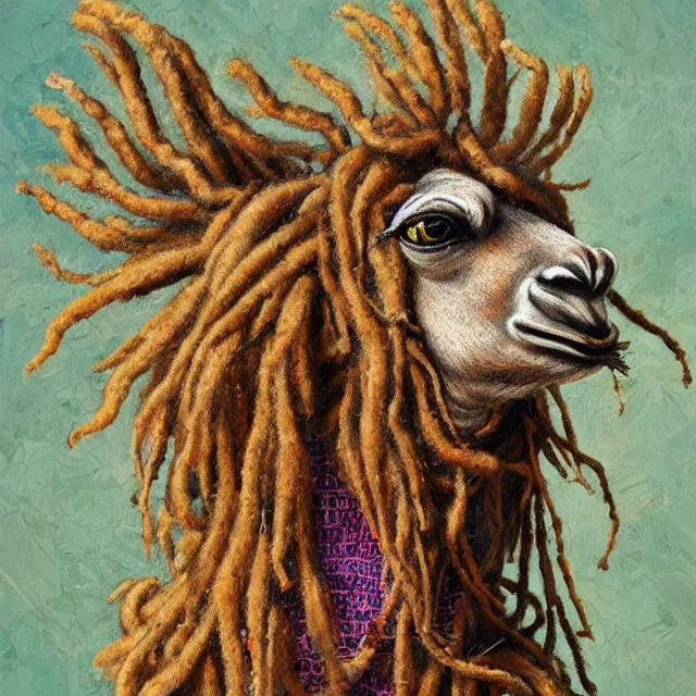 Prompt: llama with dreadlocks, by mandy jurgens, ernst haeckel, el anatsui, by hsiao