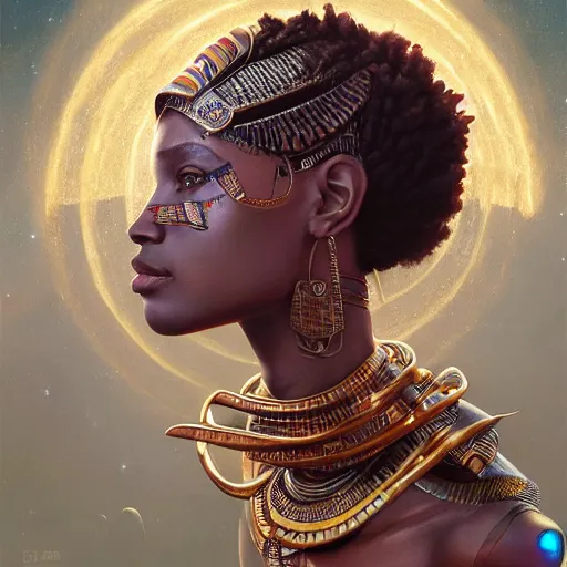 Image similar to highly detailed portrait of an african egyptian goddess, intricate alien technology, stephen bliss, unreal engine, fantasy art by greg rutkowski, loish, rhads, ferdinand knab, makoto shinkai and lois van baarle, ilya kuvshinov, rossdraws, tom bagshaw, global illumination, radiant light, detailed and intricate environment