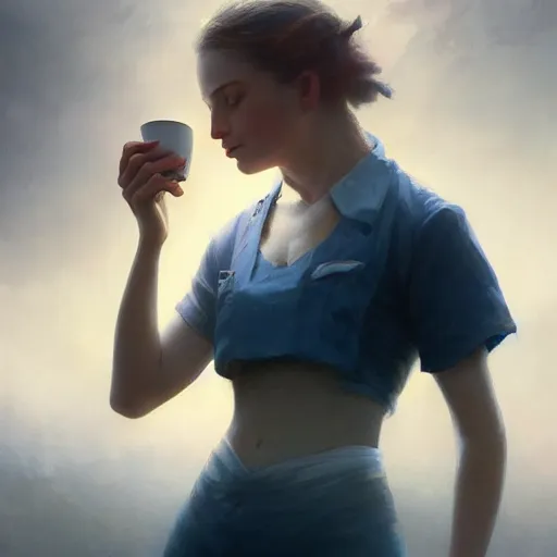 Image similar to epic portrait an waitress drinking coffee, short sleeved, white uniform, muscular, sweaty skin, wet long flowing hair, broad light, ambient occlusion, volumetric light effect, made by ivan aivazovsky, peter mohrbacher, greg rutkowski, matte painting, trending on artstation, 4 k, perfectly defined features, digital painting,