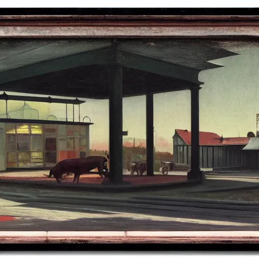 Image similar to a black beast in an abandoned gas station, daguerreotype by edward hopper, by henri rousseau, by Bosch, art noveau, highly detailed, strong lights, liminal, eerie, Bright pastel colors, octane render, 8k