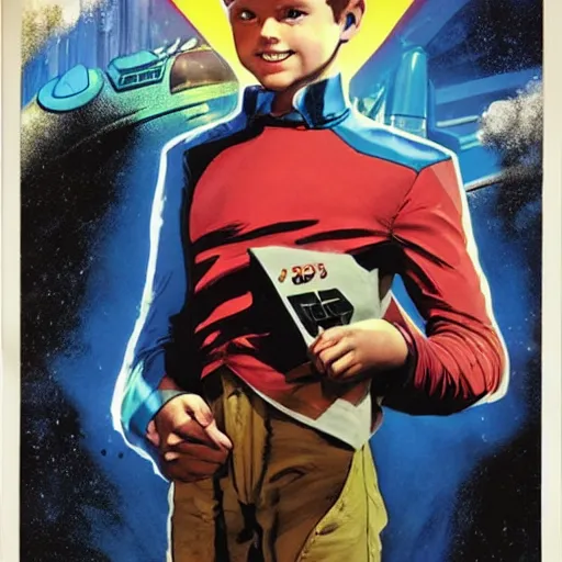 Image similar to Alex Ross and Sergio Bleda and Jérémy Petiqueux and Alex Maleev artwork of a boy super scientist in a retro space costume