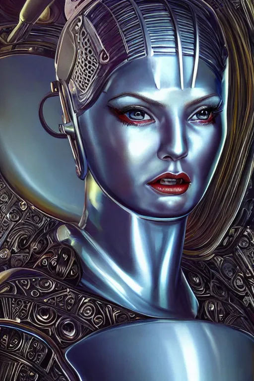 Image similar to retro-futuristic portrait of a beautiful but damaged female android in dusty chrome armour, ornate background, light from below, ornate pattern, glowing eyes, evil expression, high details, intricate details, renaissance style, painting by vincent di fate, artgerm julie bell beeple, 80s, Smooth gradients, High contrast, depth of field, very coherent symmetrical artwork