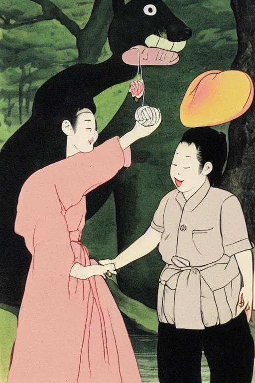 Prompt: a young smiling girl gives a peach to a really large anthropomorphic asian black bear, in the style of foujita tsuguharu