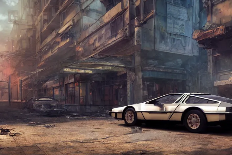 Image similar to highly detailed photorealistic rendering of a delorean parked on the streets of a cyberpunk abandoned city with the door open, futuristic post - apocalyptic vibe, by greg rutkowski and stanley artgerm and alphonse mucha, octane, sharp focus, hyperrealistic, unreal engine 5, vray, masterpiece