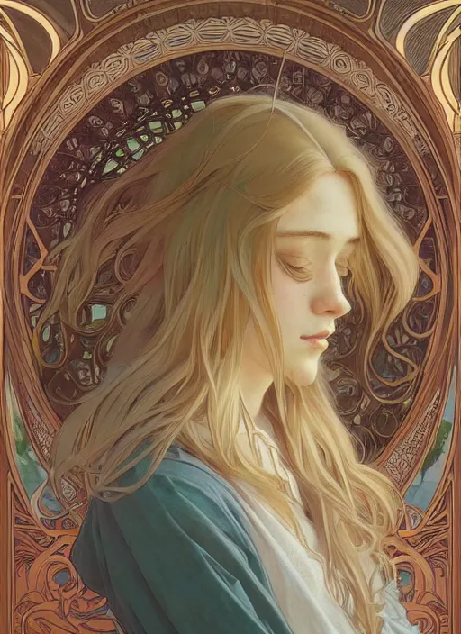 Prompt: pretty young man with shoulder length blond hair, half body shot, path traced, highly detailed, high quality, digital painting, by studio ghibli and alphonse mucha, leesha hannigan, hidari, disney, jules bastien - lepage, art nouveau, android jones, andreas rocha, conrad roset