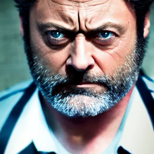 Prompt: x - men's wolverine played by nick offerman, photorealistic logan marvel movie still, detailed 8 k, poster style, high resolution