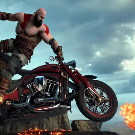 Prompt: kratos jumping a black harley - davidson motorcycle off a cliff, cinematic render, playstation studios official media, god of war 2 0 1 8, flames, centered