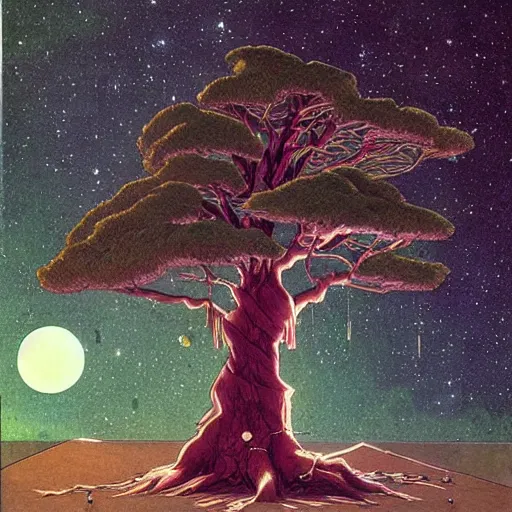 Prompt: a large tree rooted in a crystal hovering in space, by moebius