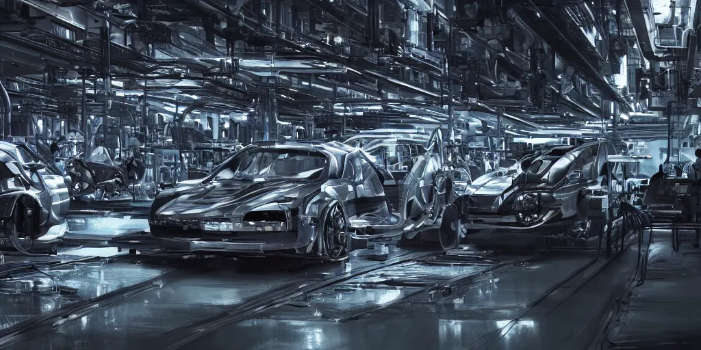 Image similar to 3 d concept art, carbon fiber automobile production line of hydrogen power energy, science fiction, beautiful, cinematic lighting, intricate details, octane rendering, trending on artstation, featured on behance.