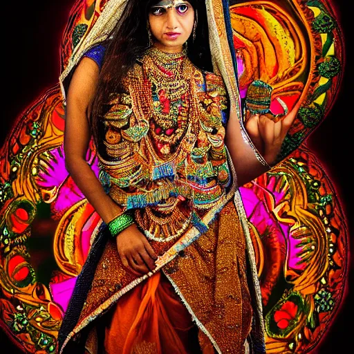 Image similar to photograph of an indian hindu woman in an intricate beautiful dress, ornate, psychedelic, hdr 4 k, award - winning photograph, national geographic