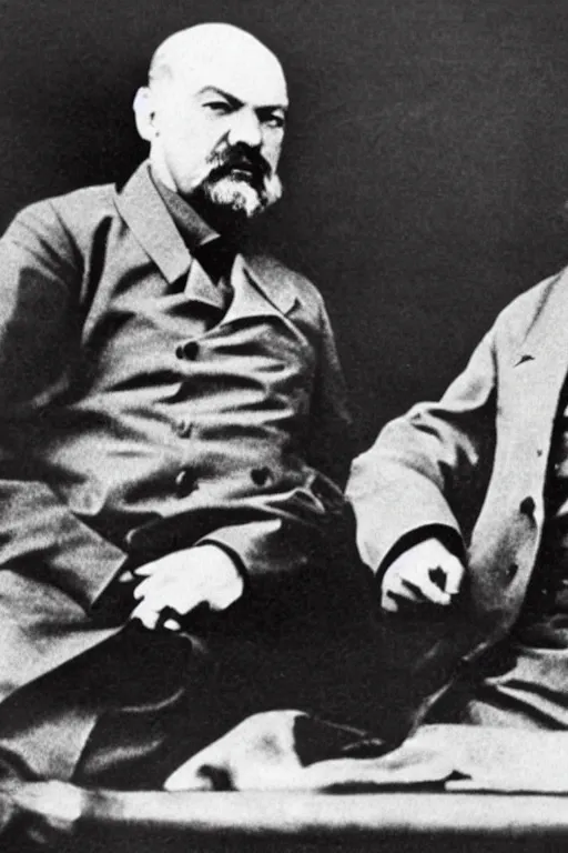 Image similar to Lenin und Stalin denken an alle Menschen zerstören. 1917 Jahre, foto in farbe.
