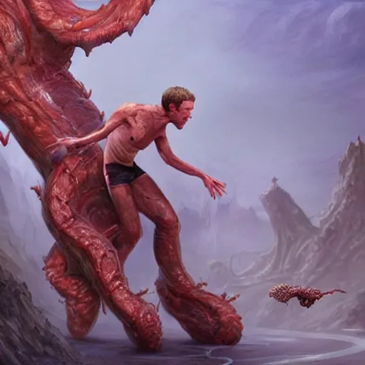 Image similar to mark zuckerberg clawing away his own skin to reveal the monster underneath, like a parasite escaping it's host, epic fantasy painting, cinematic pose