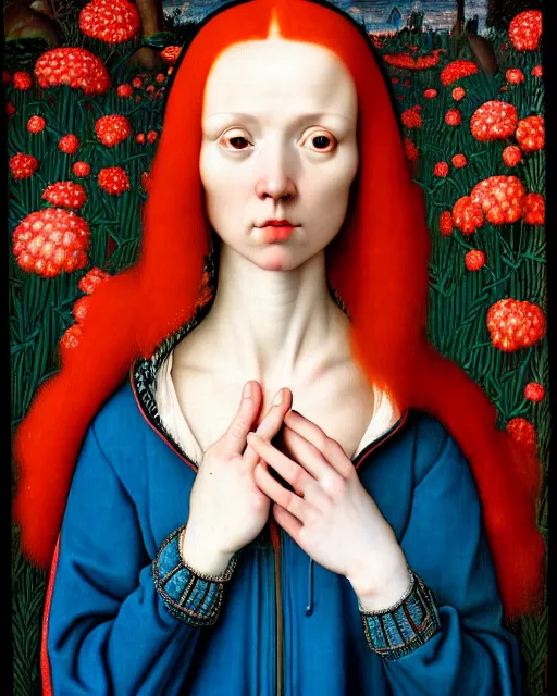 Prompt: portrait of a woman with red hair, wearing a neon blue hoodie, standing in a botanical garden, intricate details, high detail, in the style of rogier van der weyden and jacopo da pontormo, by mark ryden, punk,