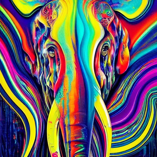 Prompt: fluid dynamics flow art a painting of an elephant with a colorful swirl, acrylic marbling art by sam spratt, deviantart, psychedelic art, psychedelic, cosmic horror, chromatic