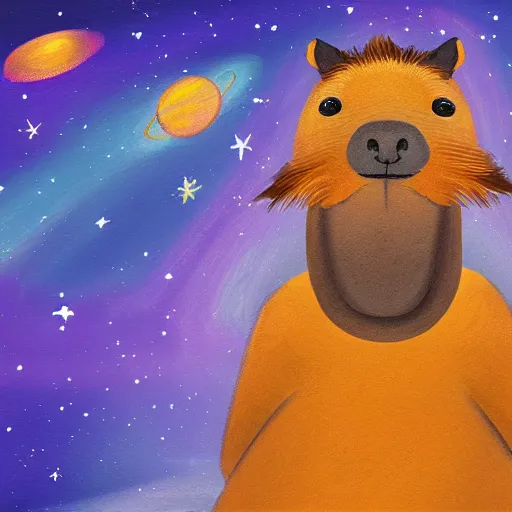 Prompt: digital painting of a boy riding a magical capybara in space