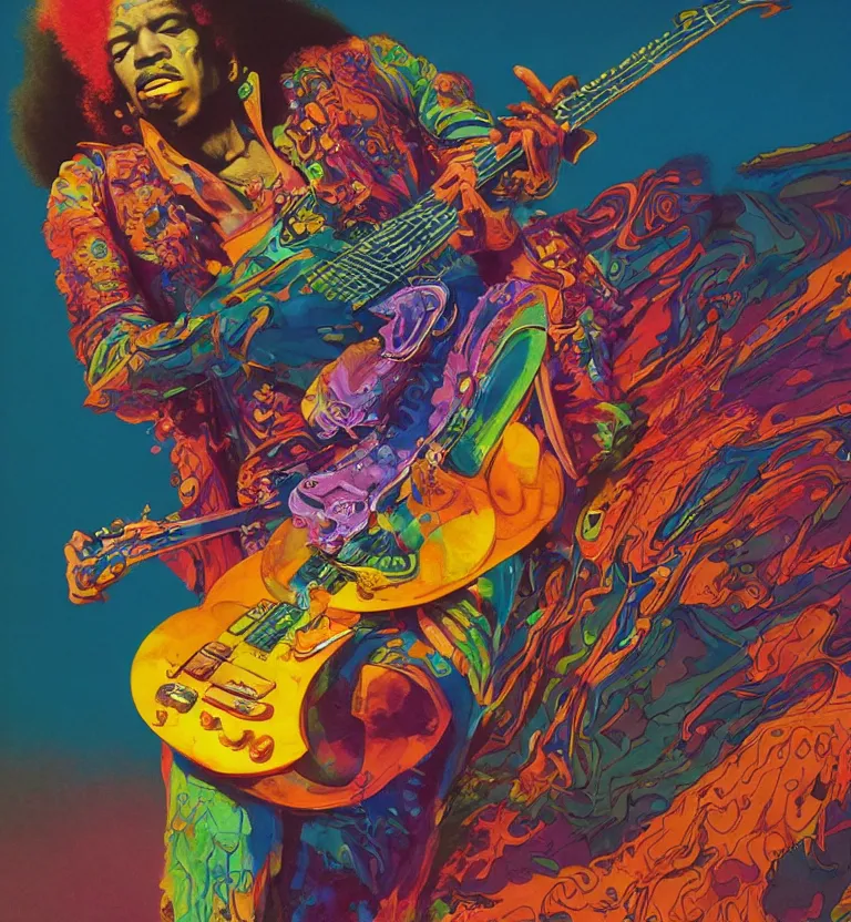 Prompt: colourful afrofuturist jimi hendrix playing guitar biomorphic opart, scifi, octane render 8 k, pascal blanche, josh kirby, roger dean, james jean, giger, arthur rackham, moebius, syd mead, killian eng beksinski, greg hildebrandt, scifi, 8 k