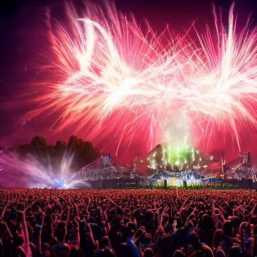 Image similar to outdoor epic festifal mainstage trash hybrid defqon 1 festival light beam lasers, firework, flamethrower, co2, crowd, octane render, 3d, unreal engine, highly detailed, 4k, 8k, HD